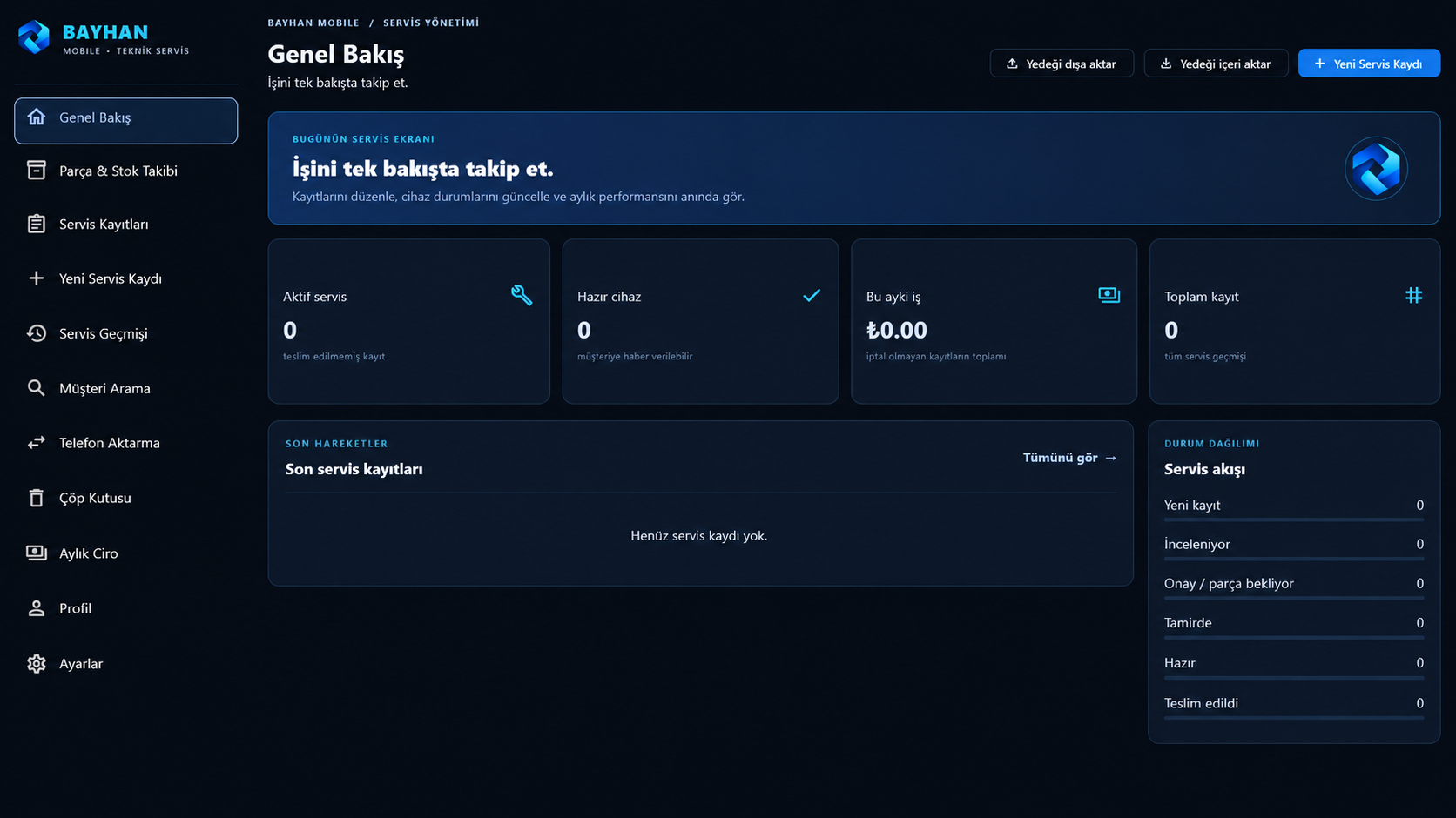 Bayhan Mobile Genel Bakış: servis durumları, son kayıtlar ve aylık iş özeti